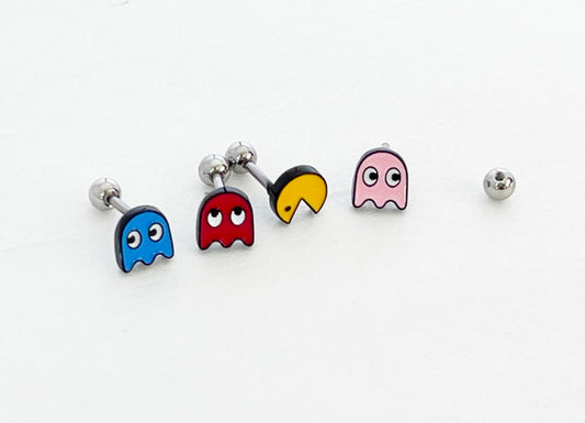 Retro Barbell Earrings with Pacman & Ghosts – Stainless Steel