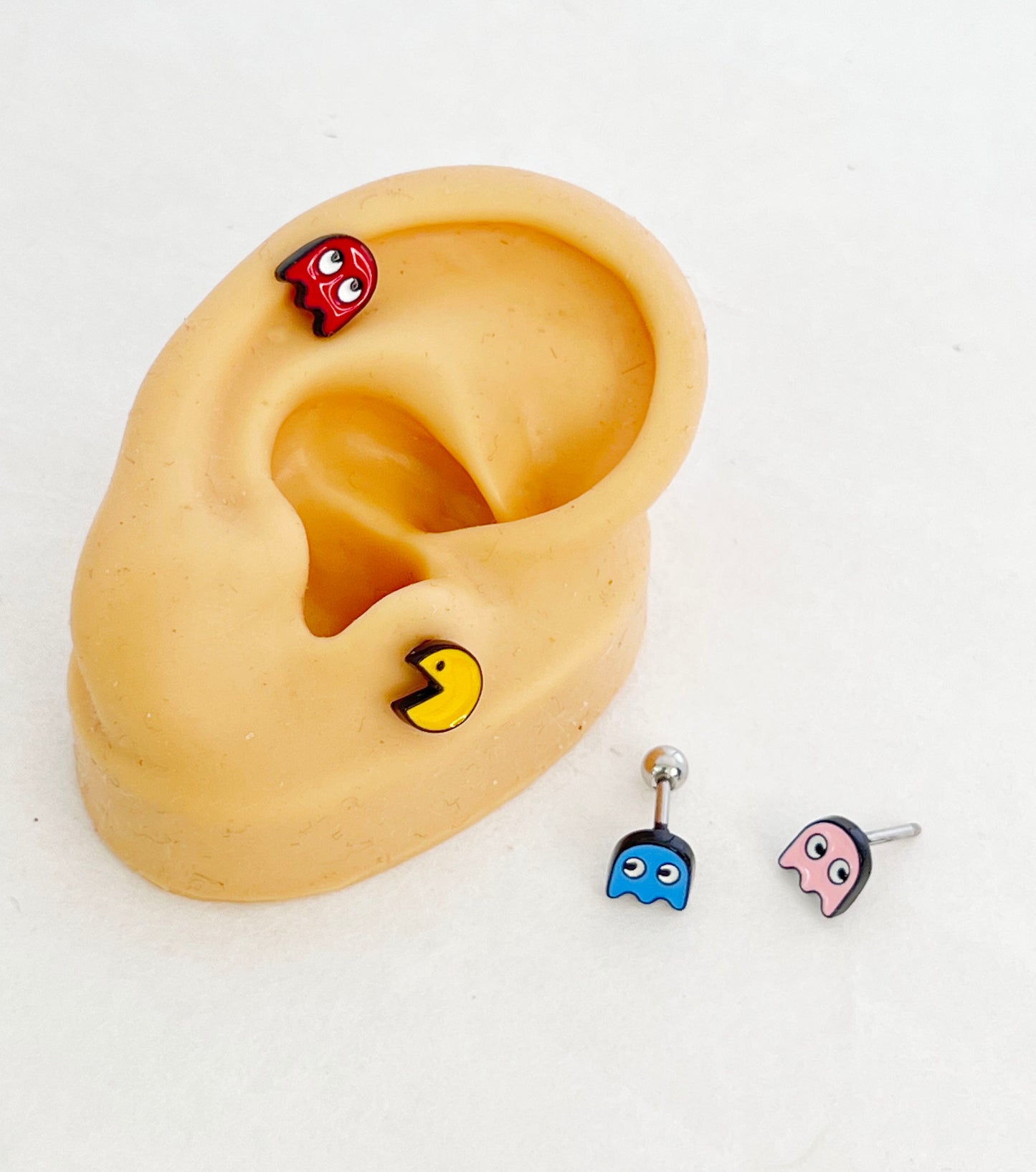 Retro Barbell Earrings with Pacman & Ghosts – Stainless Steel