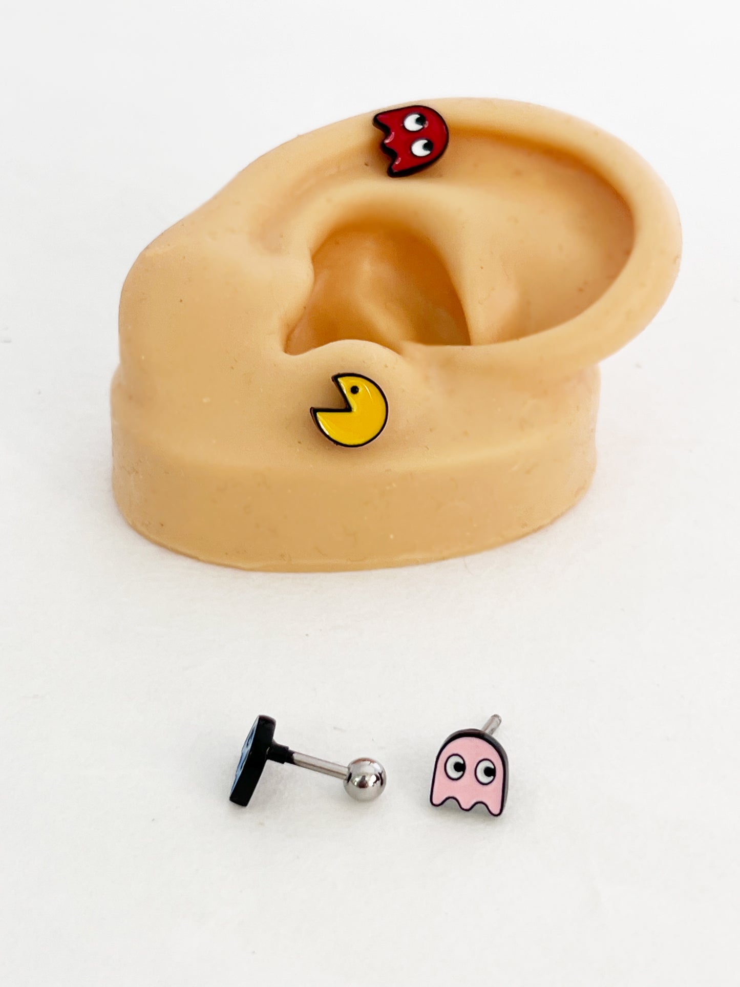 Retro Barbell Earrings with Pacman & Ghosts – Stainless Steel