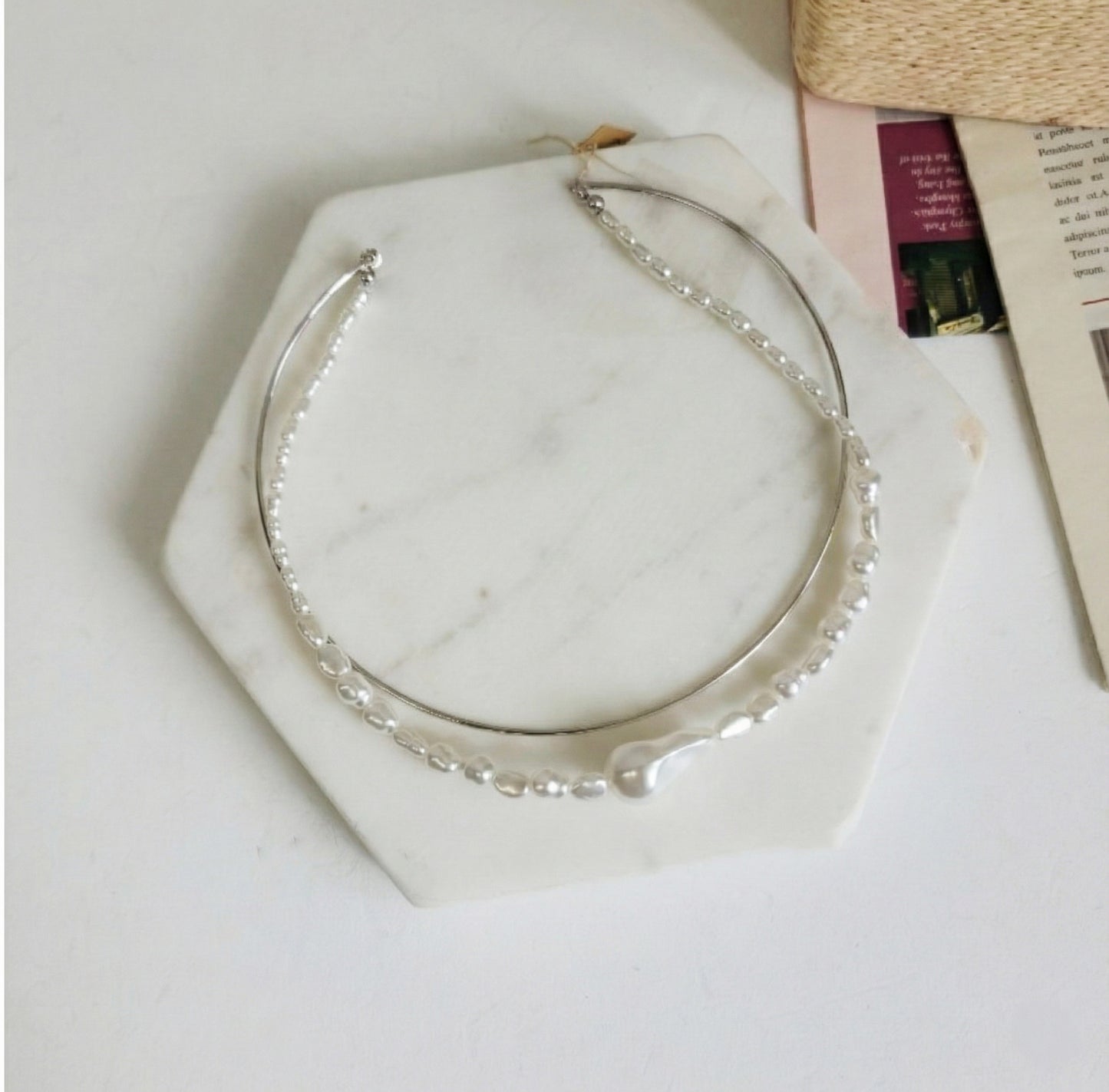 Double Strand Freshwater Pearl & Brass Wire Choker Necklace - Gold/Silver