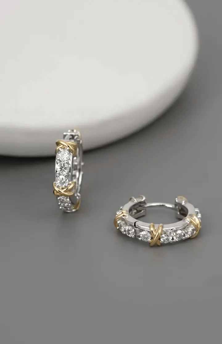 Two-Tone CZ Criss-Cross Huggie Hoop Earrings – 925 Sterling Silver, Gold X Detail