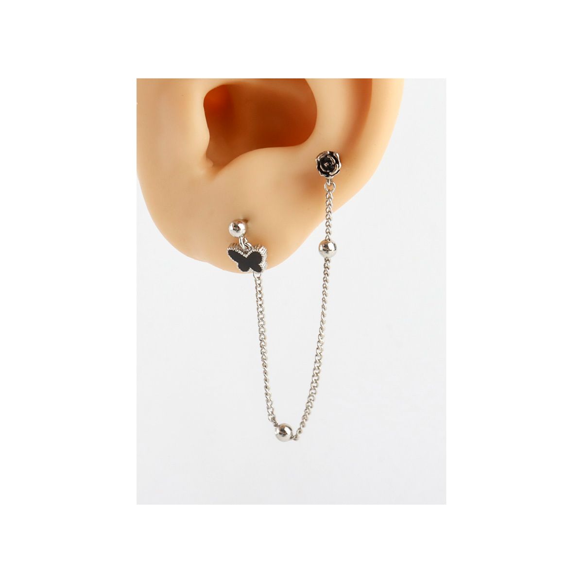 Black Butterfly Rose Chain Connected Piercing Surgical Steel