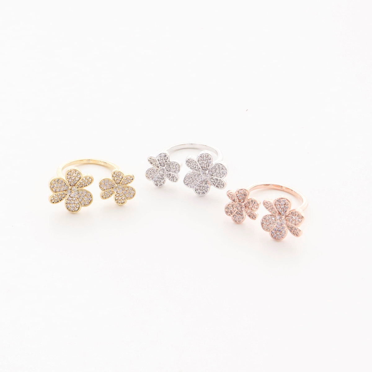 Lucky Clover Pavé Adjustable Ring — Sparkling Statement Cocktail Ring for Women, Gold Silver Rose Gold, Luxury Four-Leaf Clover Jewelry Gift