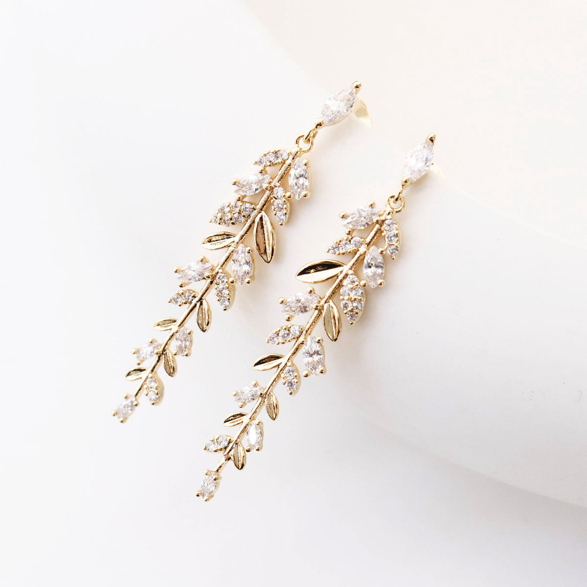 Olive Leaf CZ Drop Earrings - Wedding Jewelry with Silver Post
