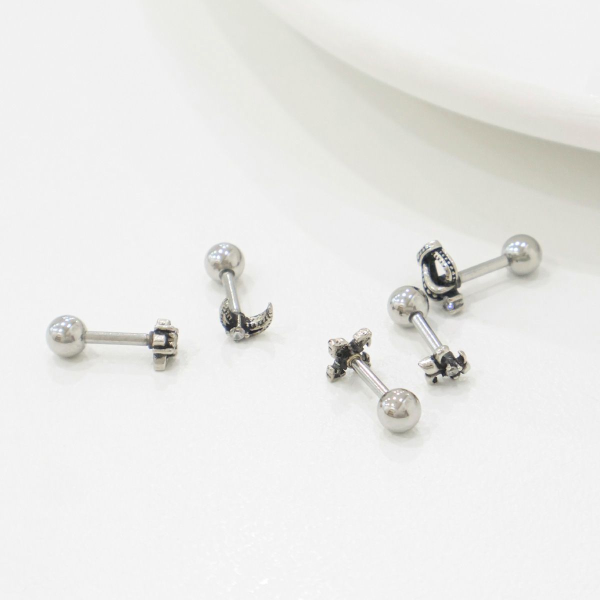 Gothic Stud Earrings,Star, Moon, Cross, Fleur de Lis, Crown Surgical Steel barbell stud