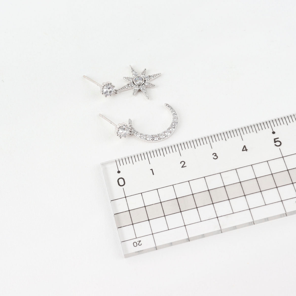 Celestial Moon and North Star Asymmetric Drop Earrings - 925 Silver Posts