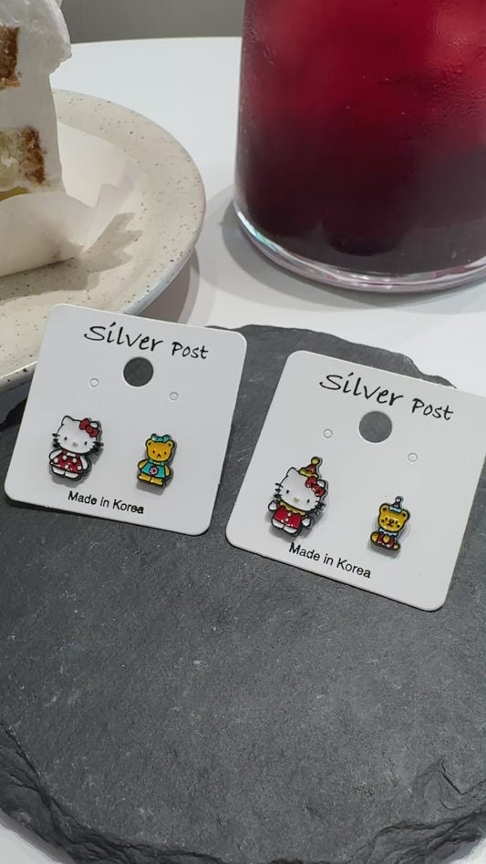Sanrio Style Hello Kitty Mismatched Earrings Set – Handmade / Sterling Silver Post