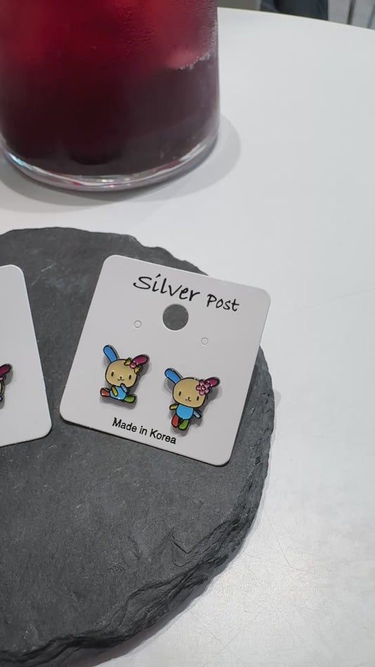 Usahana Style Asymmetric Bunny Earrings – Sterling Silver Post, Handmade Cute Character Studs