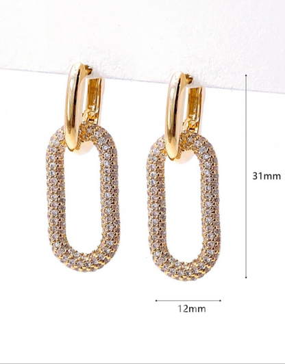 Huggie Hoop Pavé Oval Chain Link Drop Earrings – Gold & Silver