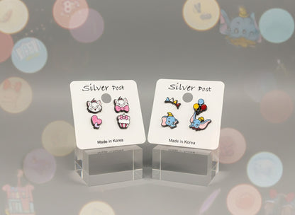 4-piece mismatched character earring set with elephant and cat designs - 925 silver post kawaii jewelry