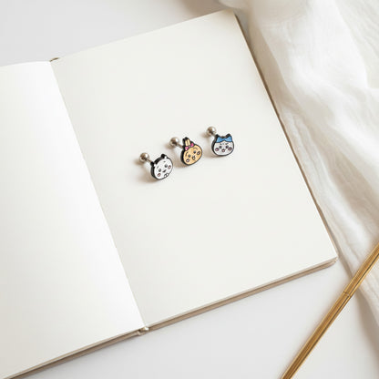 Chiikawa Enamel Brass Barbell Studs - Hachiware Usagi Cute Anime Character Earrings for Helix, Cartilage & Lobe Piercings