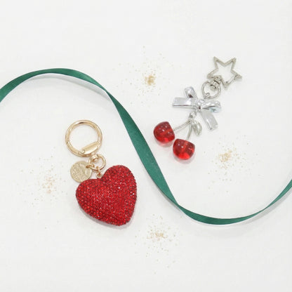 Holiday duo bundle red rhinestone heart keychain cherry bag charm gift set coquette