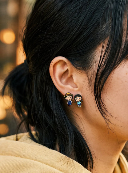 Maruko-chan Mismatch Stud Earrings – Enamel Anime Character