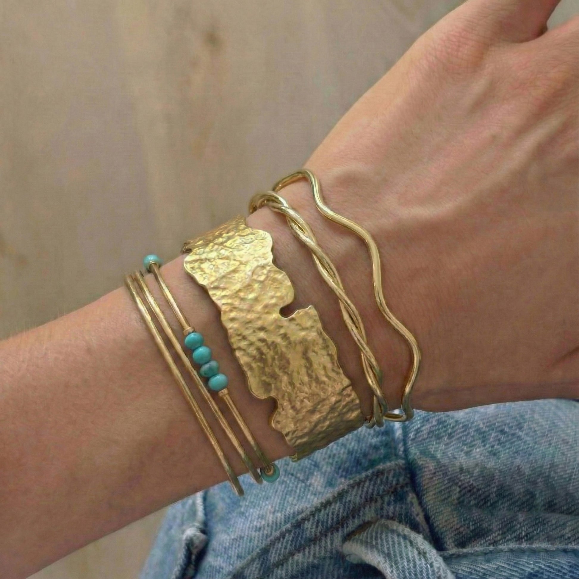 Layered gold hammered cuff bangle with turquoise beaded bracelets and bar cuff - bohemian stacked bracelet styling
