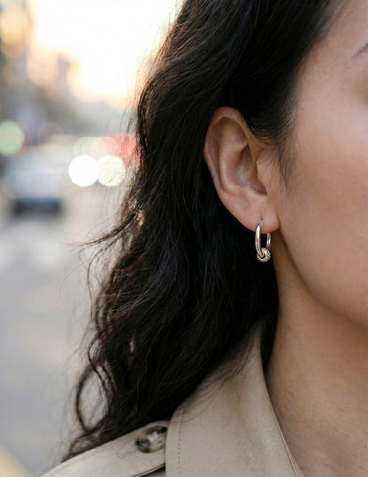 Pave Ball Huggie Hoop Earrings - Titanium Post Gold Silver Plated