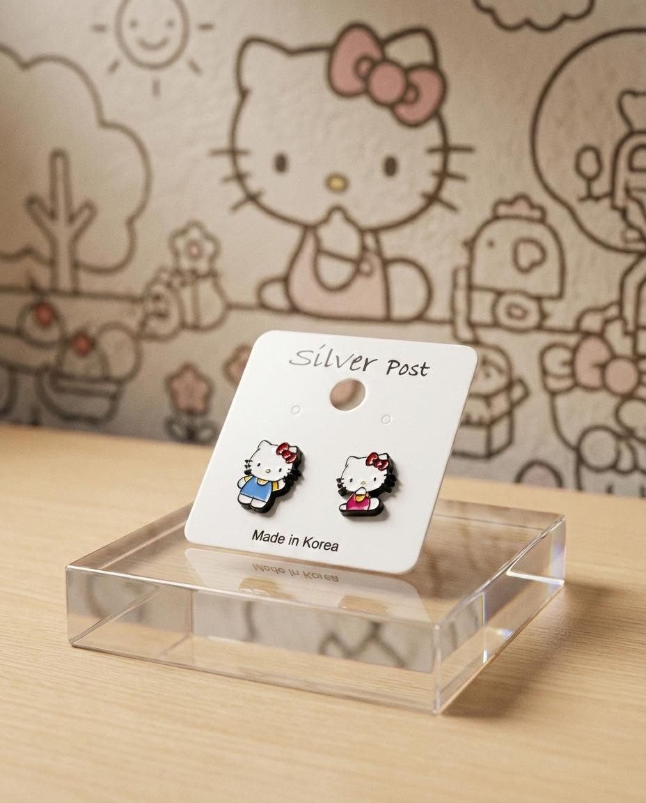 Hello Kitty Asymmetrical Stud Earrings - 925 Silver Post
