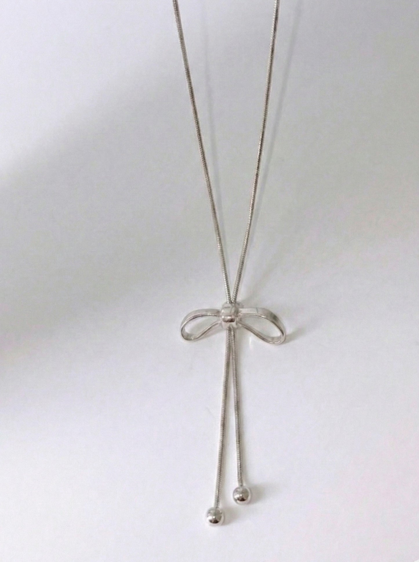 Adjustable Ribbon Bow Lariat Necklace - 65cm Snake Chain Y-Drop in Gold & Silver