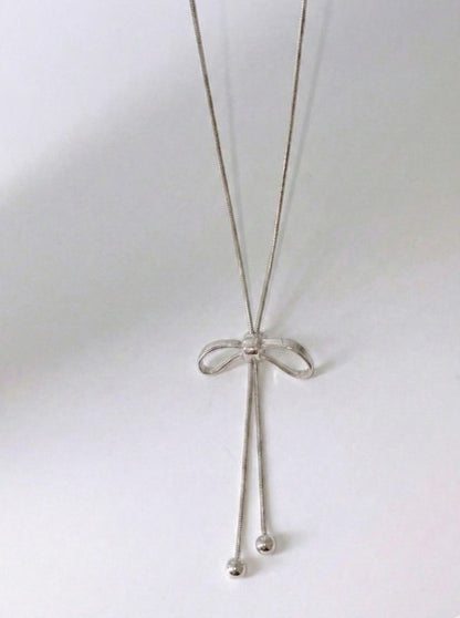 Adjustable Ribbon Bow Lariat Necklace - 65cm Snake Chain Y-Drop in Gold & Silver