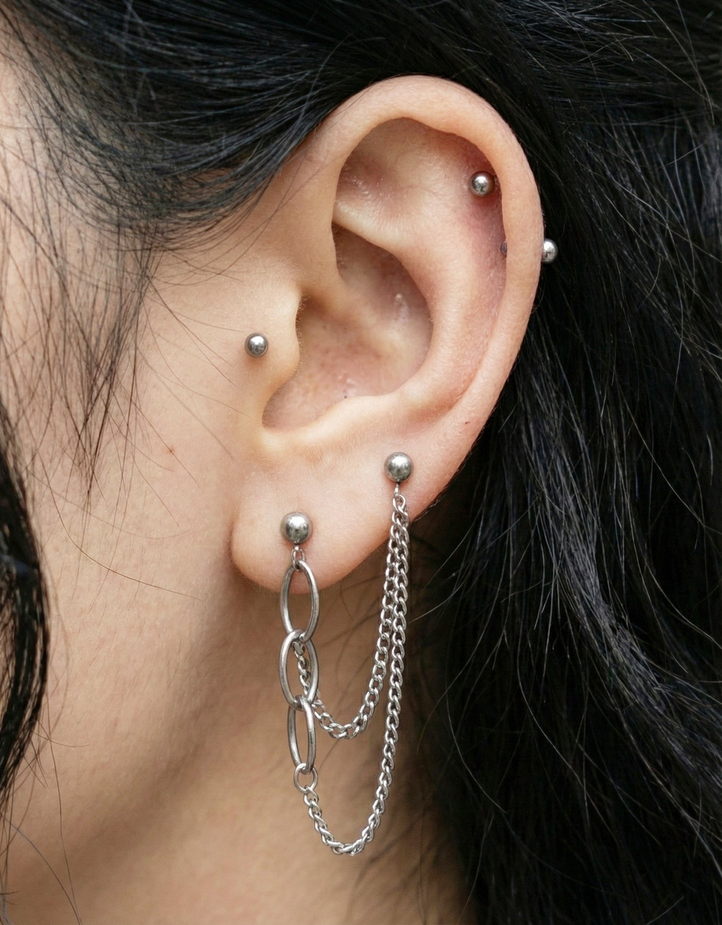 Surgical Steel Double Chain Piercing - Oval Mix Connected Barbell Studs