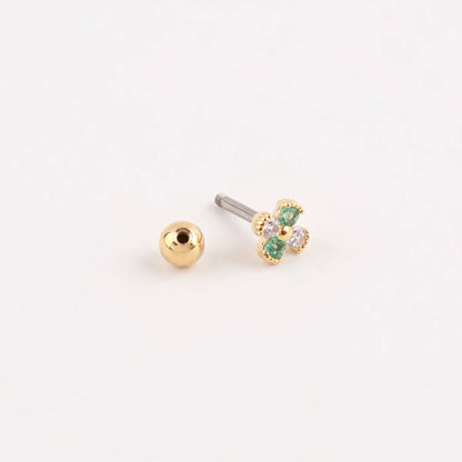 Emerald Clover Barbell Stud | Brass + Surgical Steel | K-Style Ear Stack (Single)