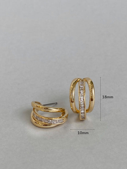 Triple Row Baguette CZ Huggie Hoop Earrings | Gold & Silver