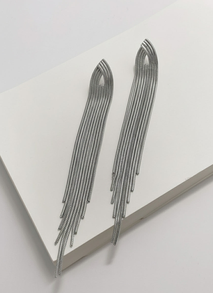 Silver shoulder duster earrings flat lay showing full length and chain detail, hypoallergenic titanium post