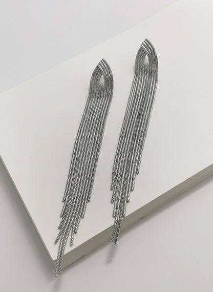 Silver shoulder duster earrings flat lay showing full length and chain detail, hypoallergenic titanium post