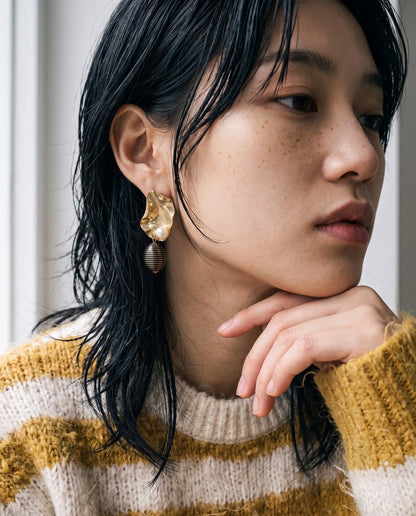 Gold Hammered Pearl Drop Earrings | K-Style Statement | Titanium Post