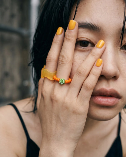 Y2K Chunky Resin Wave Ring & Flower Bead Ring Set