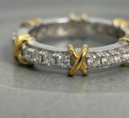 Two-Tone Sterling Silver Eternity Ring | CZ X-Cross Band Platinum Gold Plated