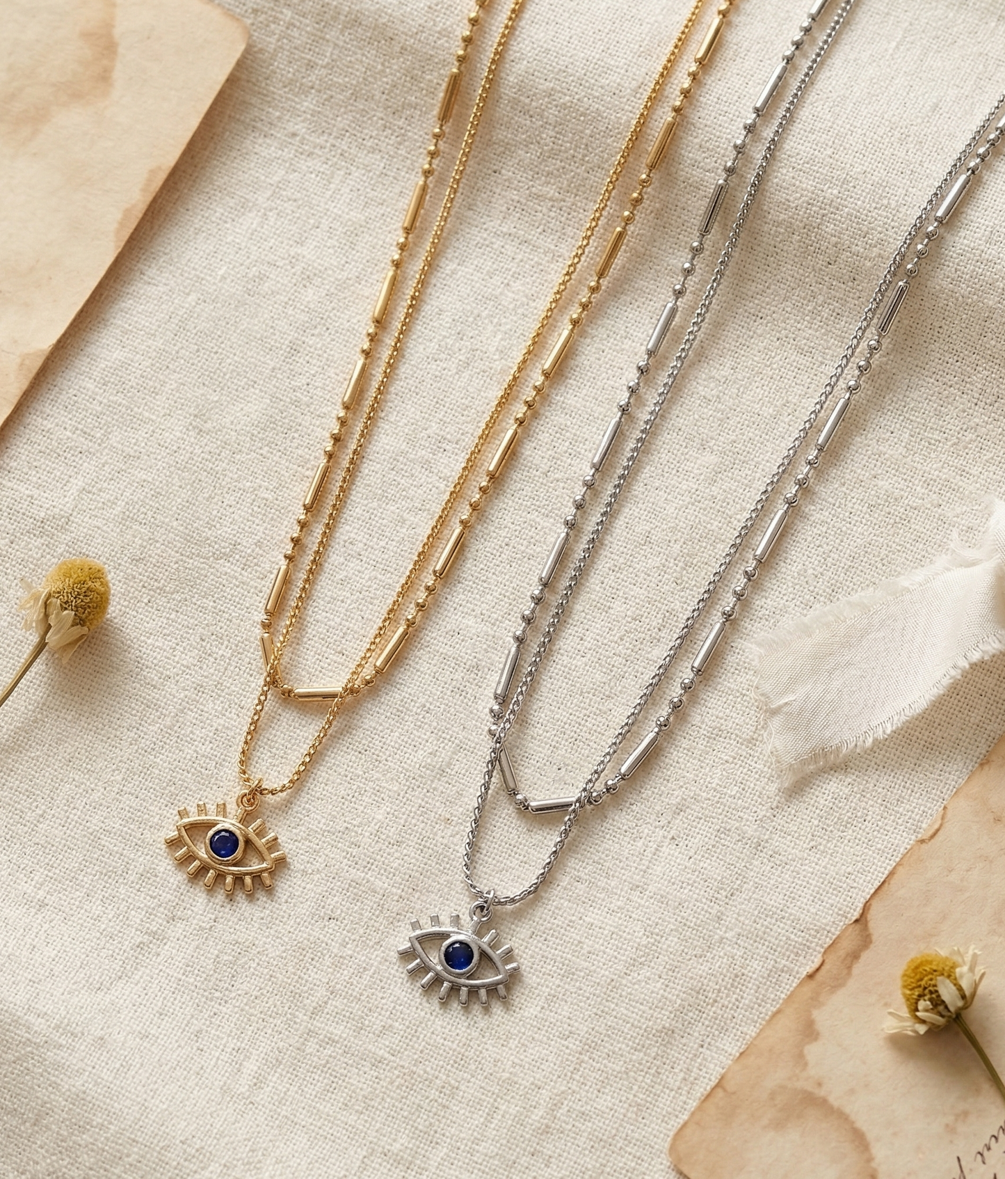Evil Eye Layered Necklace – Double Chain Sunburst Pendant in Gold & Silver | 8TTITTO8