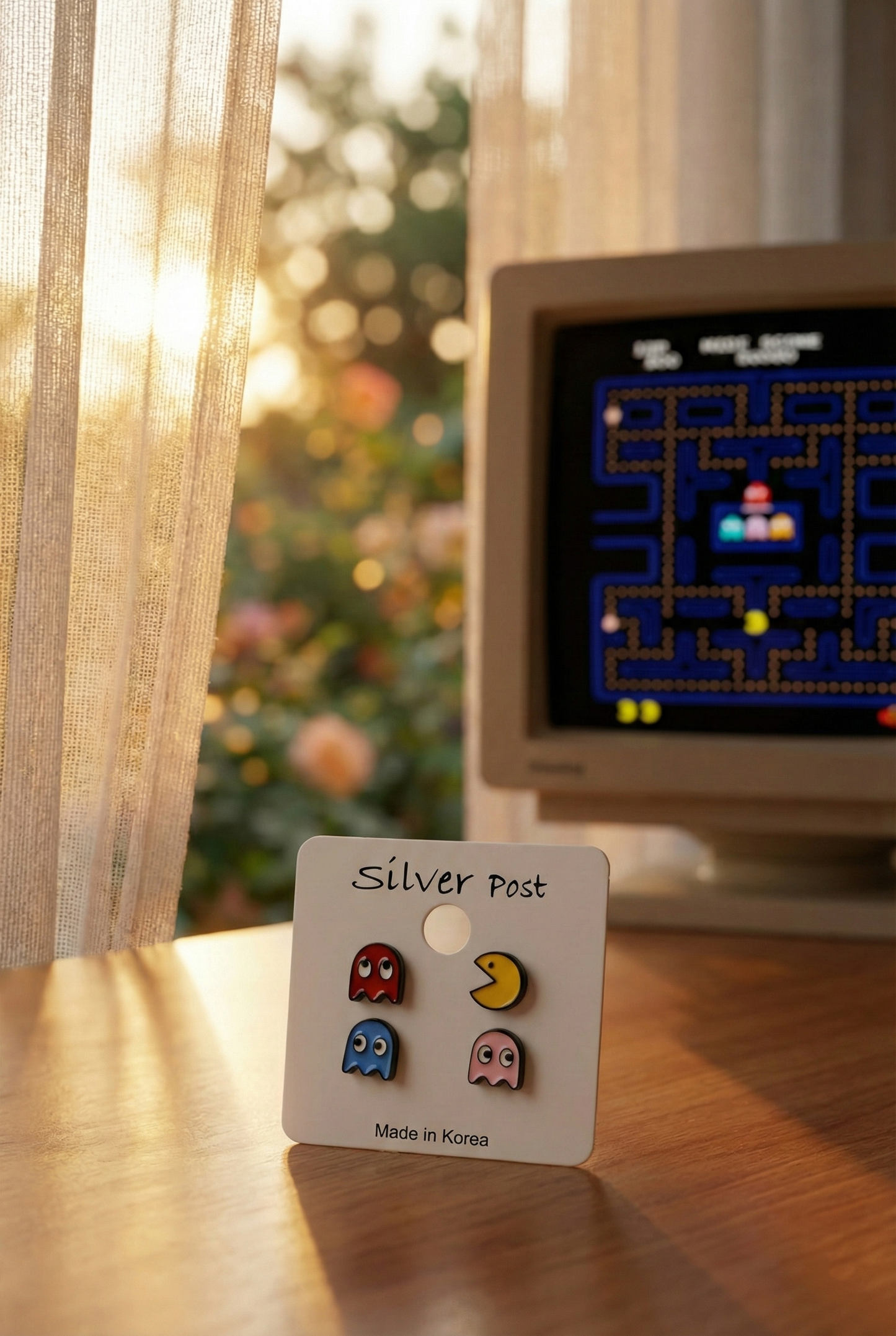 Pac-Man & Ghost Enamel Stud Earrings Set | Retro Arcade Y2K Kawaii Jewelry | Hypoallergenic Silver Post | Made in Korea