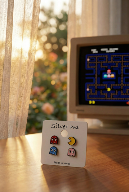 Pac-Man & Ghost Enamel Stud Earrings Set | Retro Arcade Y2K Kawaii Jewelry | Hypoallergenic Silver Post | Made in Korea