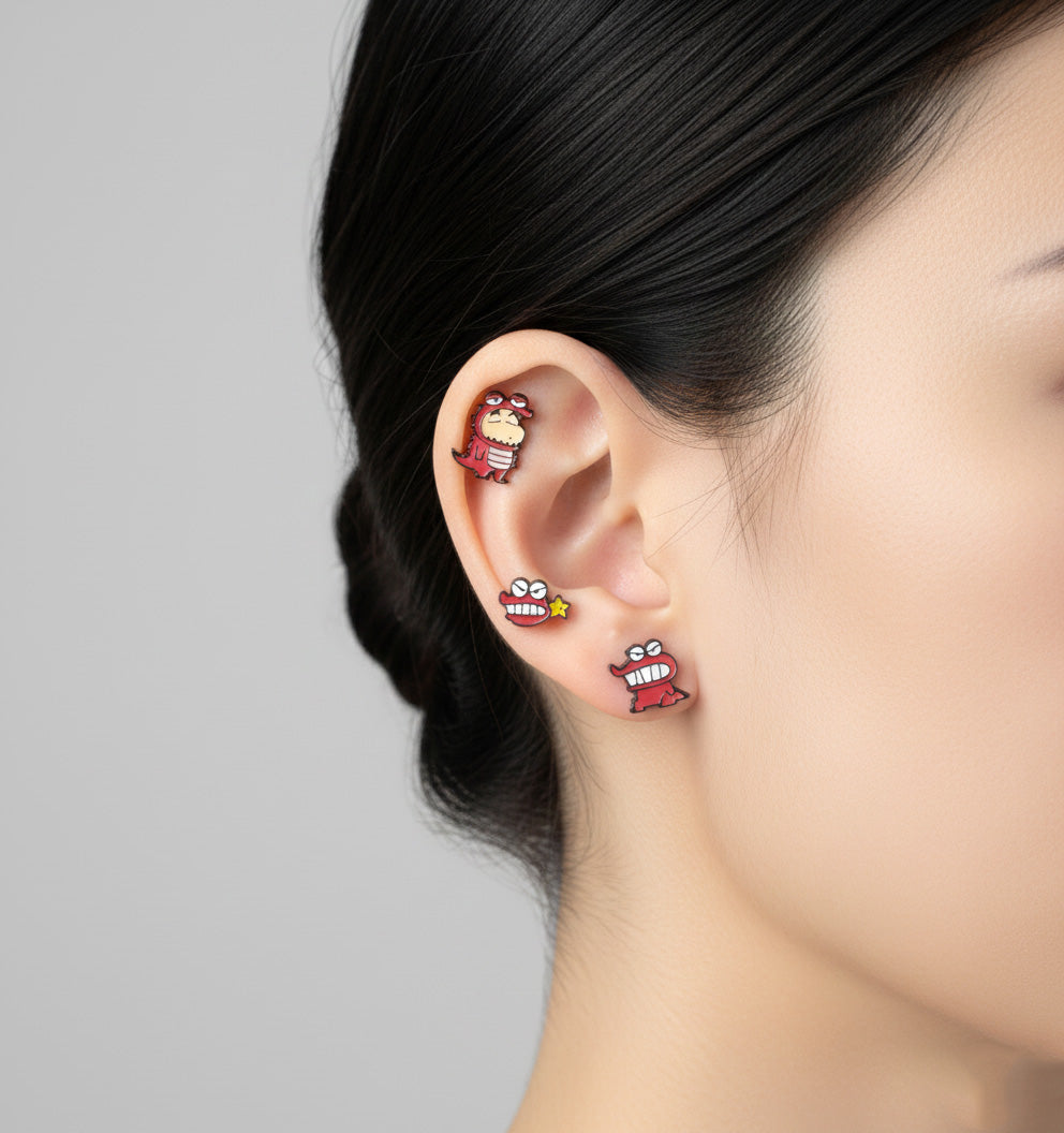 Multiple Action Mask earrings stacked for vibrant kidcore aesthetic ear styling