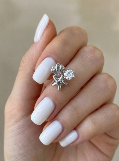 Mermaidcore Shell & Starfish Cubic Zirconia Stud Earrings | Hypoallergenic Titanium Post | Gold & Silver