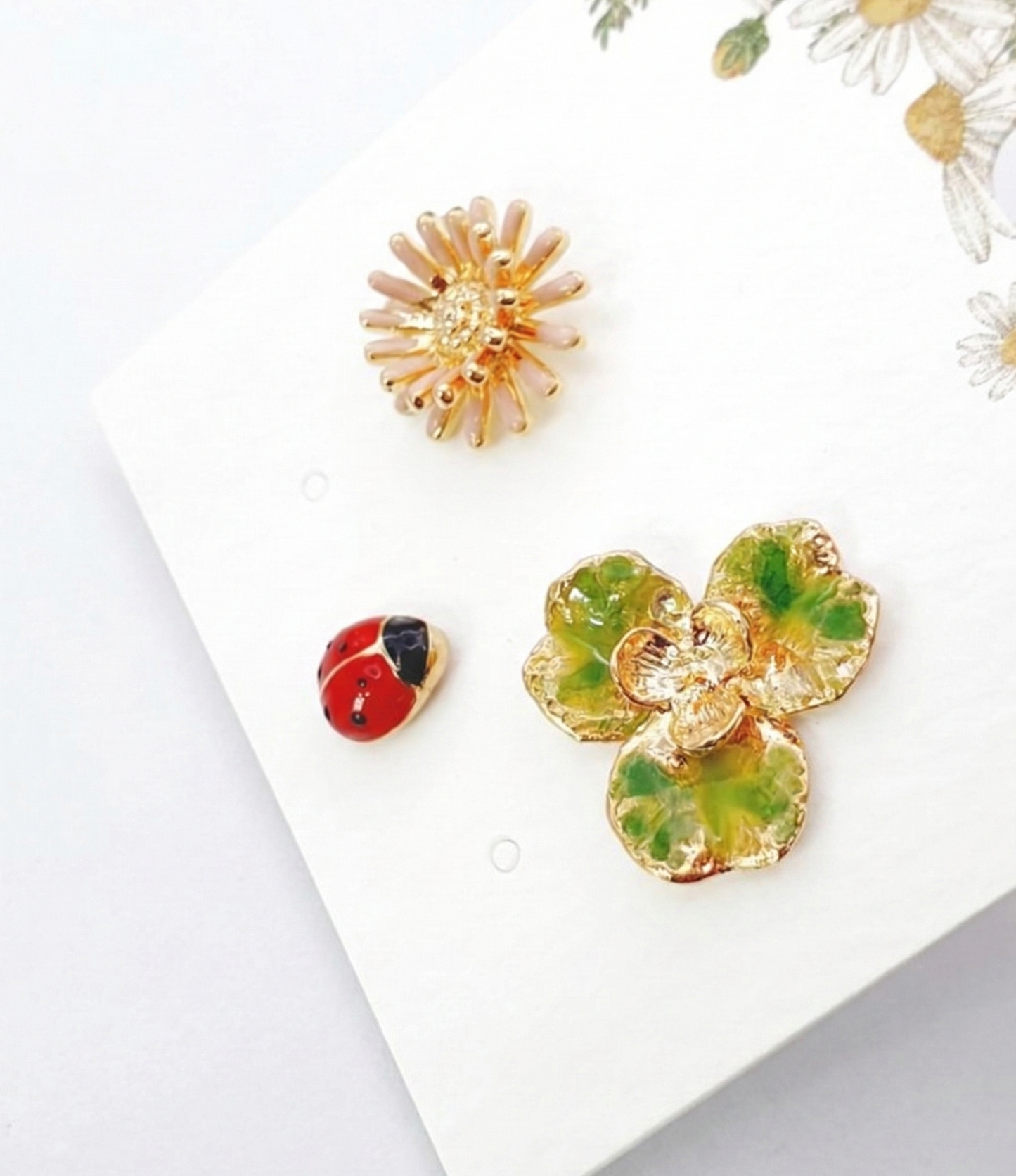 Handmade Asymmetrical Daisy & Ladybug Earring Set (3pcs)