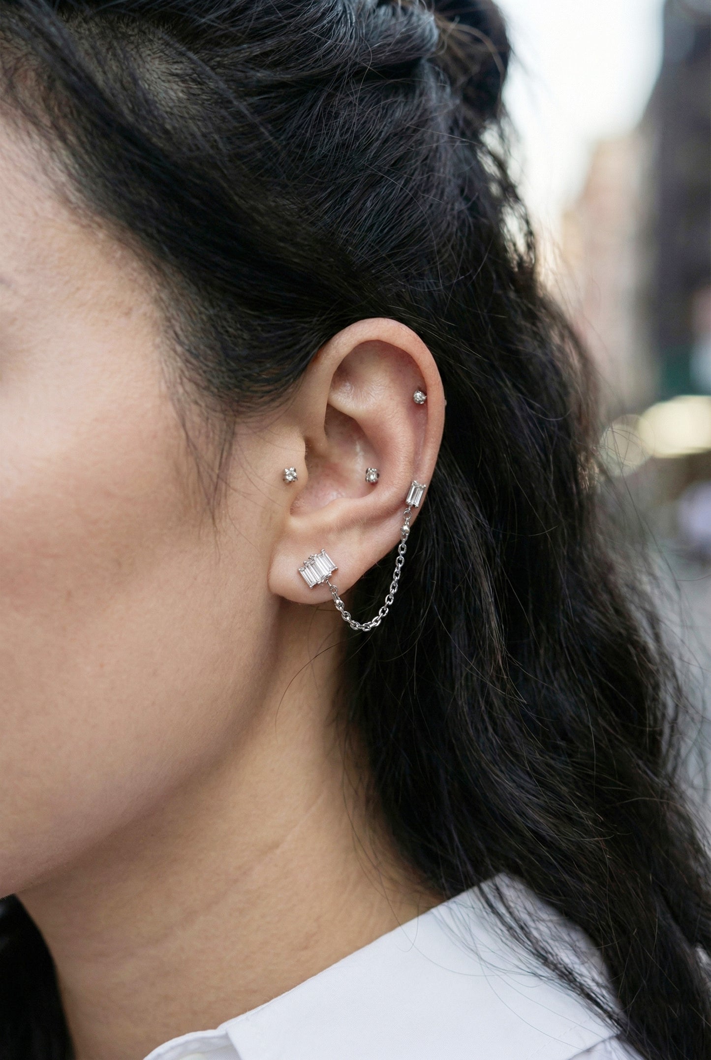 Baguette Crystal Double Piercing Chain Studs | Surgical Steel