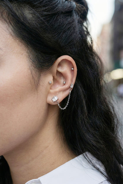 Baguette Crystal Double Piercing Chain Studs | Surgical Steel