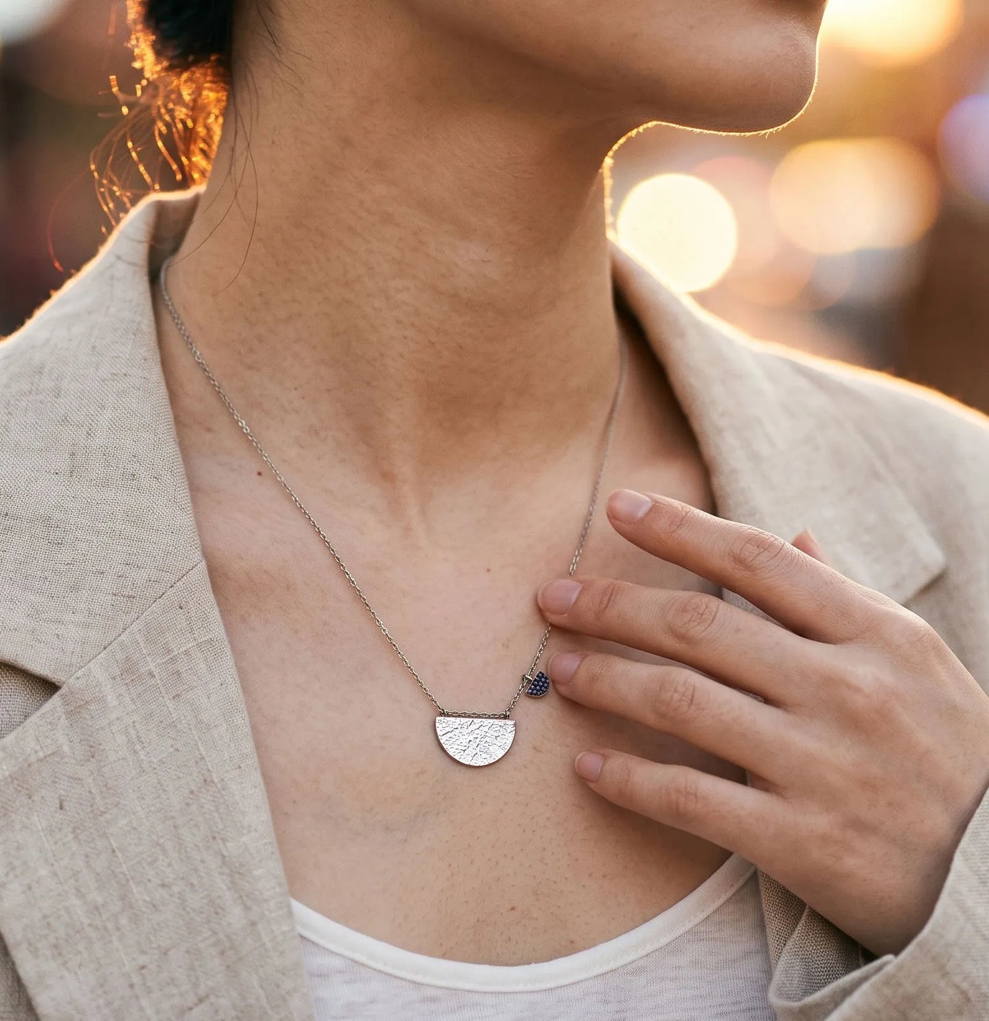 925 Sterling Silver Hammered Half-Moon Necklace with Blue CZ Heart Charm