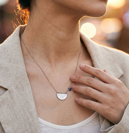925 Sterling Silver Hammered Half-Moon Necklace with Blue CZ Heart Charm