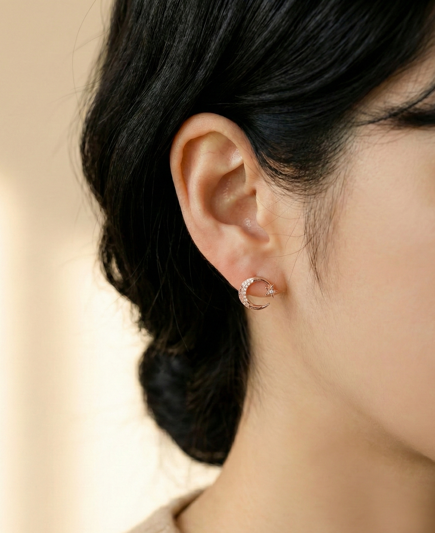 Celestial Crescent Moon & Star Pavé Stud Earrings | Silver, Gold & Rose Gold