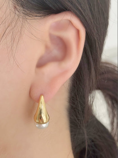 Gold Silver Teardrop Pearl Huggie Earrings - Titanium Post & Lightweight