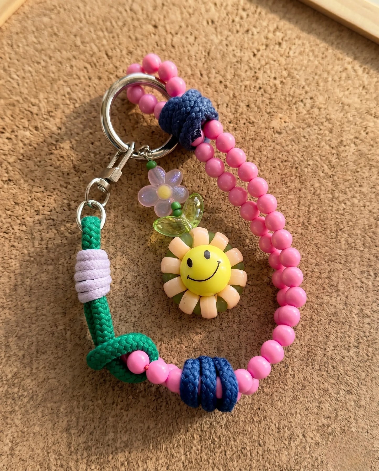 Handmade Smile Flower Beaded Strap Bag Charm Keychain – 4 Colors
