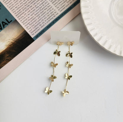 Fairy Butterfly Drop Earrings - 925 Silver Post Long Chain Studs Gold/Silver