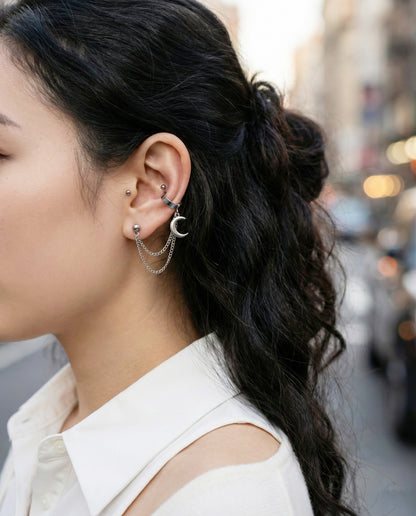
Ear cuff effect of surgical steel double chain piercing wrapping around ear