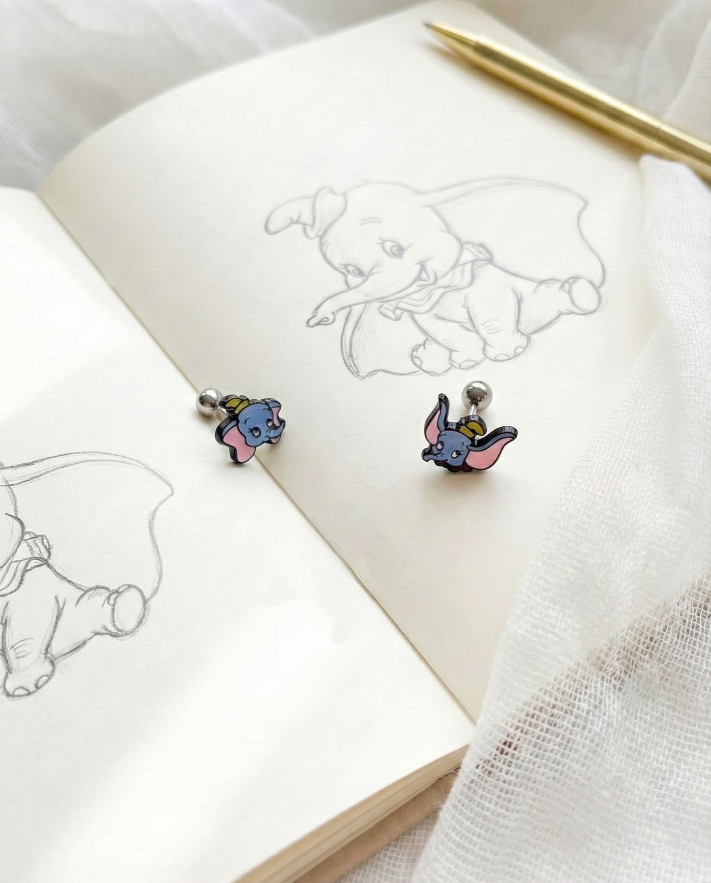 Dumbo Inspired Character Cute Baby Elephant Surgical Steel Piercing - Kawaii Animal Helix Stud Earring