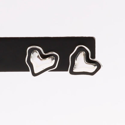 925 Sterling Silver Black Enamel Organic Heart Stud Earrings — Chunky Puff & Open Silhouette