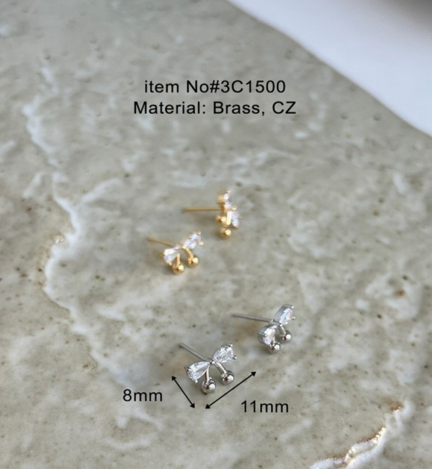 CZ Bow Cherry Stud Earrings – Sparkling Cubic Zirconia Ribbon with Ball Drop, Hypoallergenic, Gold & Silver