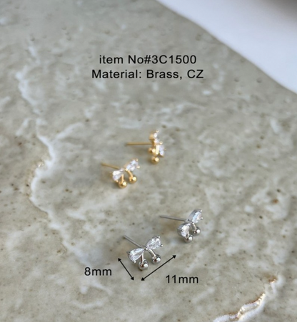 CZ Bow Cherry Stud Earrings – Sparkling Cubic Zirconia Ribbon with Ball Drop, Hypoallergenic, Gold & Silver