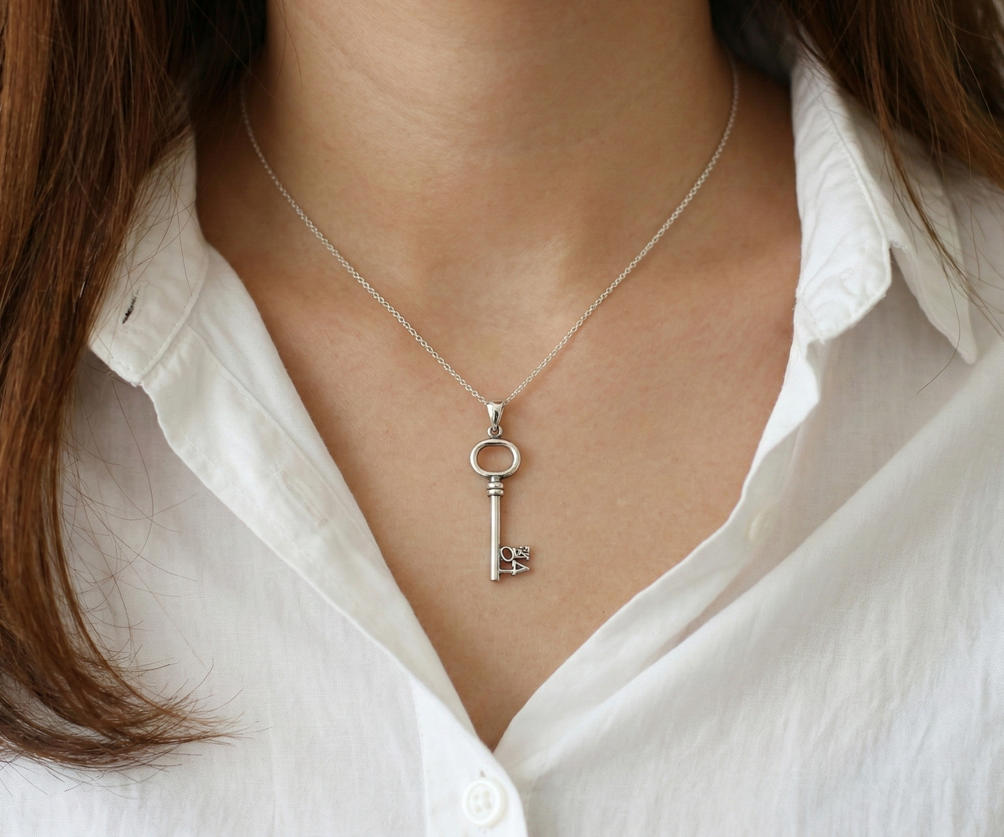 925 Sterling Silver Vintage LOVE Key Necklace - Ornate Pendant